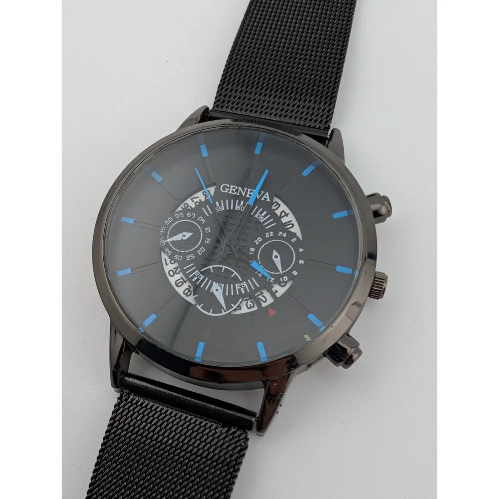 Geneva‎ Watch Men 42mm Black Case Mesh Metal Band- New Battery